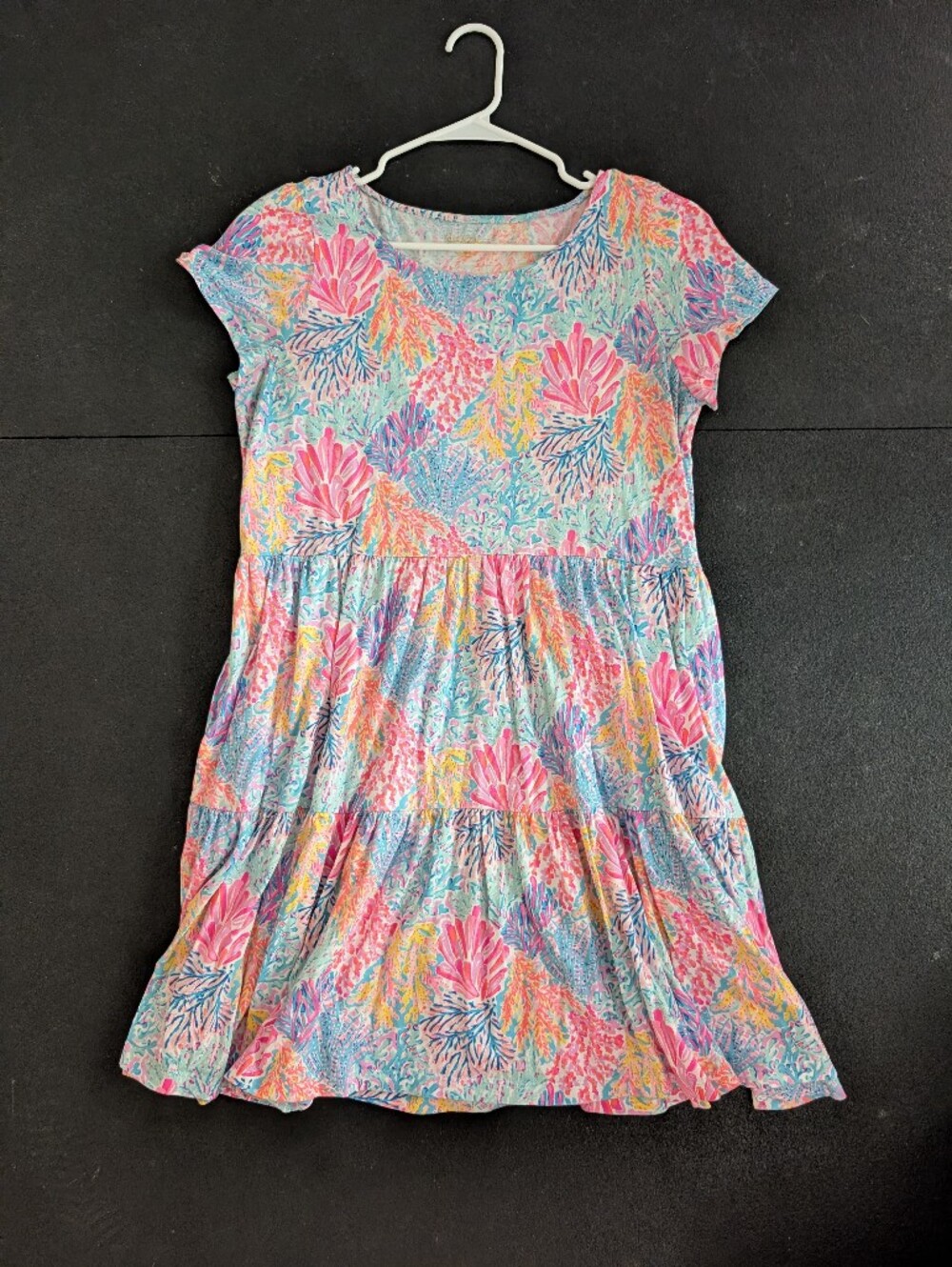 Lilly Pulitzer Pink Blue Tropical Print Tiered Dress Size L